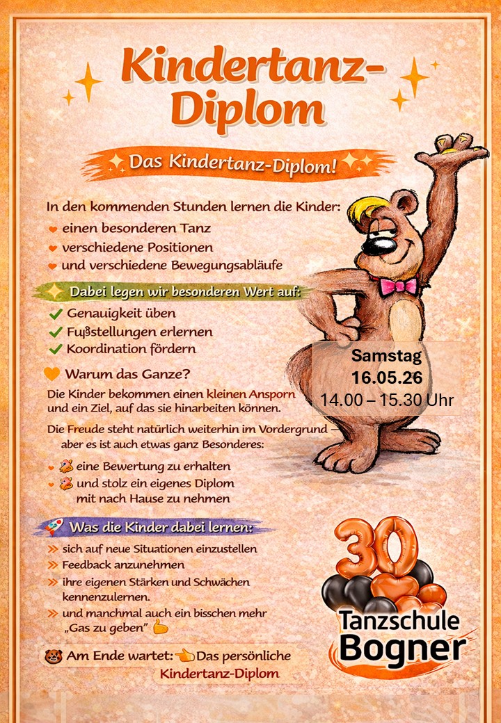Mehr über den Artikel erfahren Tag der offenen Tür – KINDERTANZ-DIPLOM – 16.05.26 ab 14 Uhr